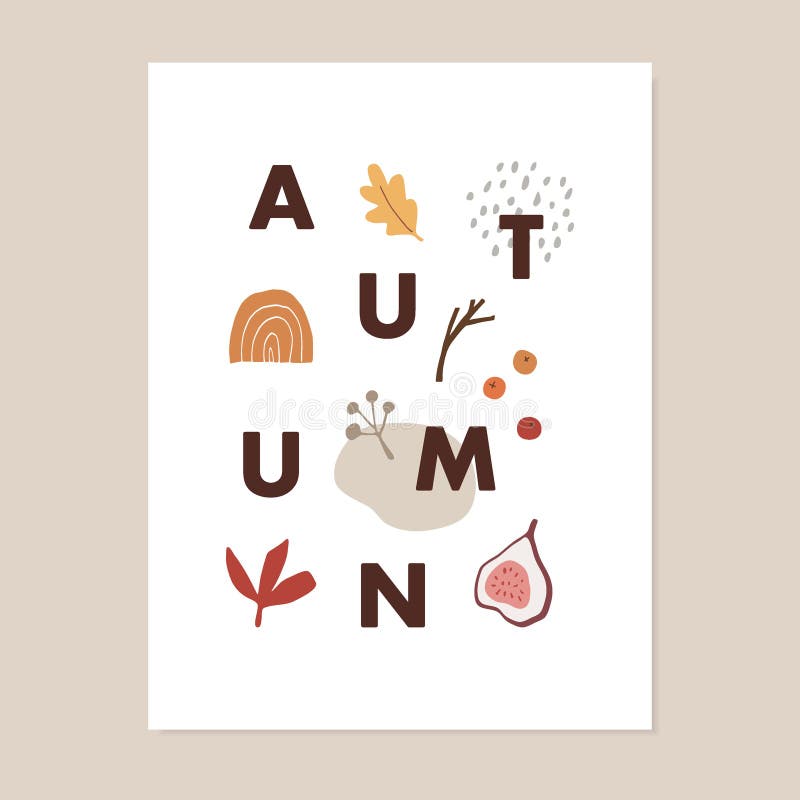 Trendy colorful fall greeting card, invitation. Autumn text with fig fruit, oak leaf, berries and abstract geometric royalty free illustration Trendy colorful fall greeting card, invitation. Autumn text with fig fruit, oak leaf, berries and abstract geometric royalty free illustration