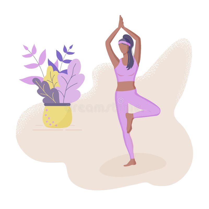 Trendy concept of fitness class:cute black girl standing in yoga tree pose.Flat Funky Figures style.Decorated beautiful leaves.