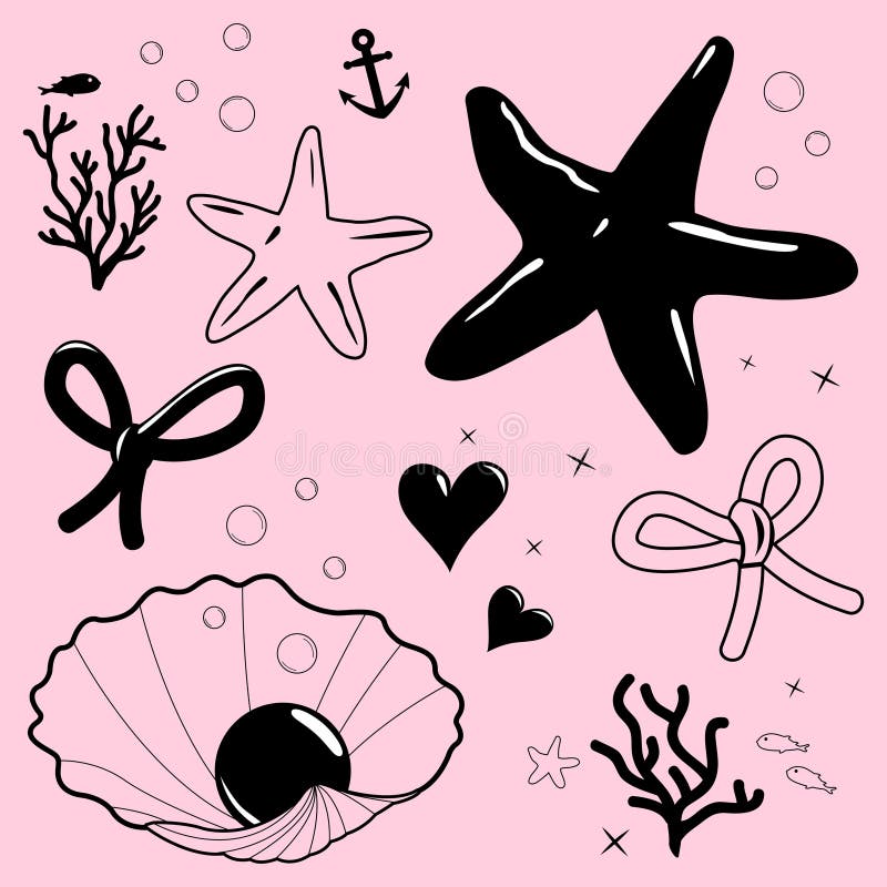Trendy coquette Aesthetic dekorations elements. Sprickkuddar stjärnfiskankare romantiskt årskal. stock illustrationer