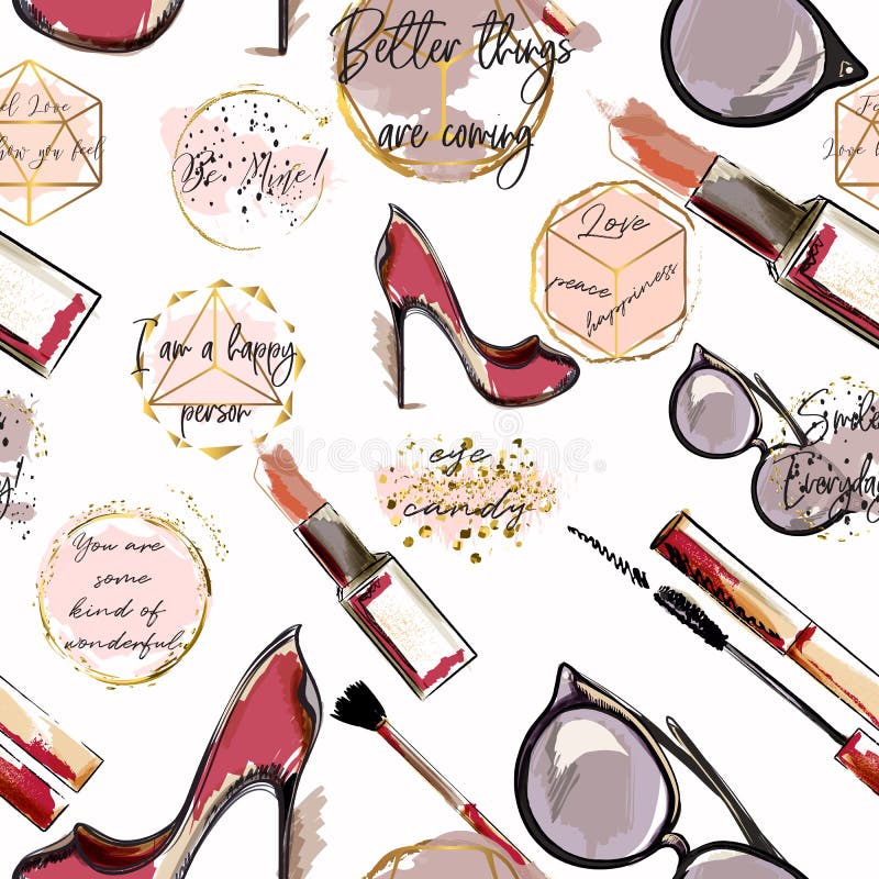 Trendy fashion vector wallpaper pattern with cosmetics, shoes, lipstick, mascara and lipstick