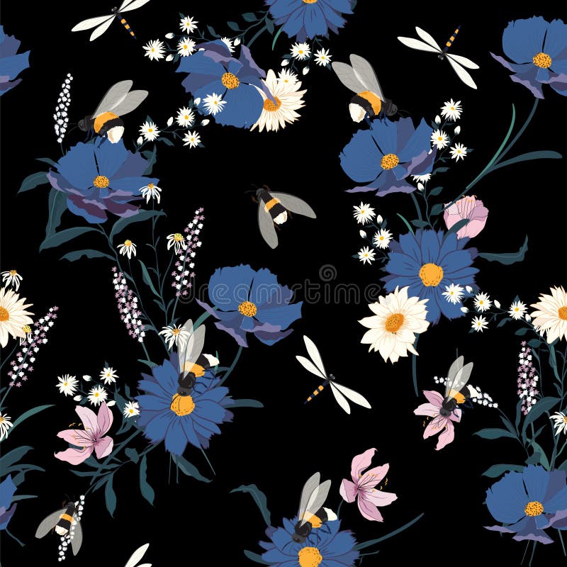 Trendy Floral pattern in the many kind of flower and bees royalty free illustration