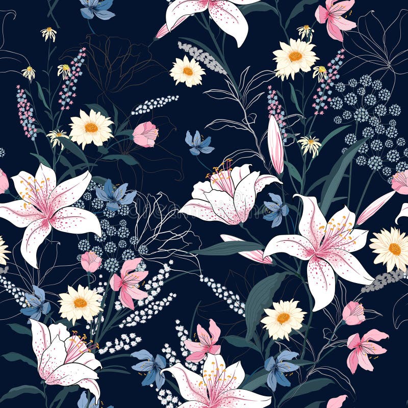 Trendy Floral pattern in the many kind of flowers. stock illustration