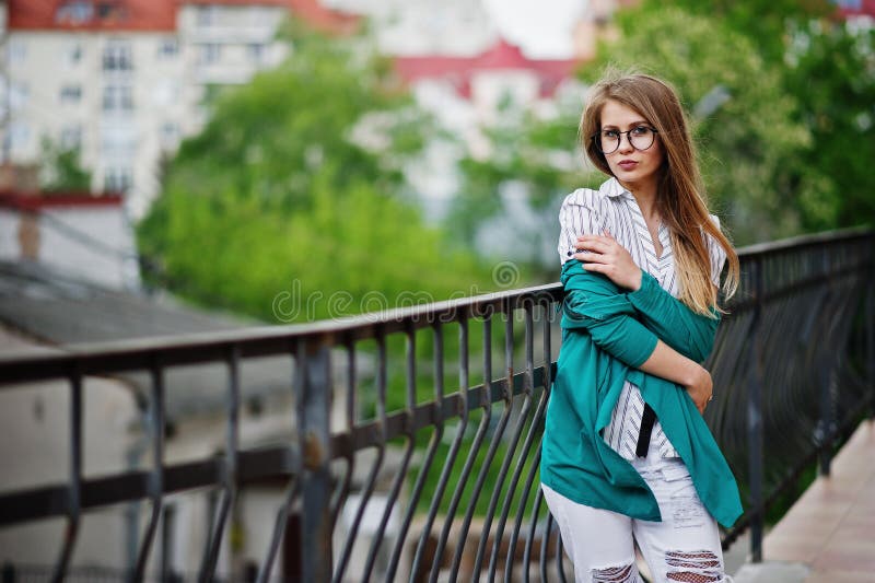 Trendy Girl At Glasses And Ripped Jeans Stock Image Image Of Chic