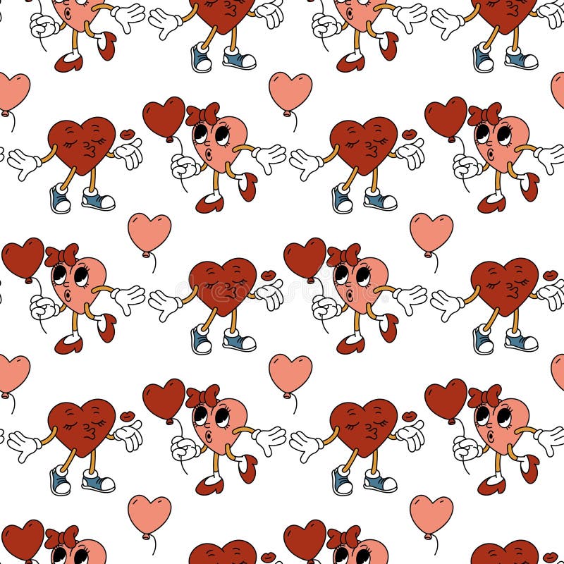 Trendy Groovy Heart Model este o fată și un băiat. Pereche de personaje în formă de inimă un tip suflare un sărut o fată cu stock illustration
