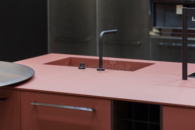 Trendy Kitchen Of Dark Red Color One Piece Countertop And Sink Modern Designer Kitchen With An Island Stock Image Image Of Clean Black 173713795
