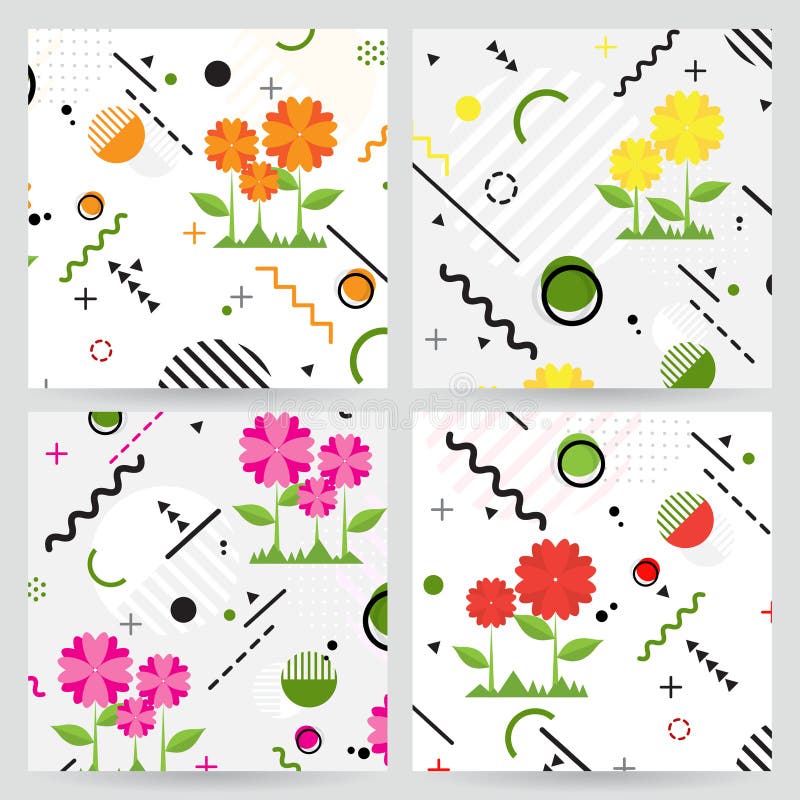 Trendy Memphis style geometric pattern with flower, vector vector illustration