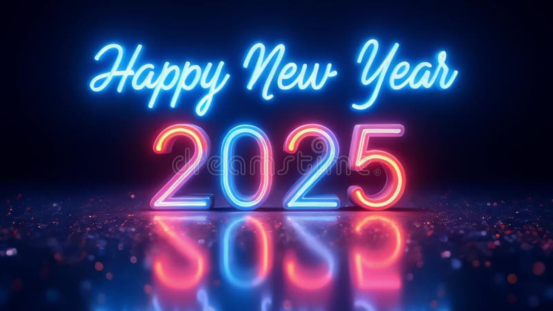 Trendy new years 2025 bakgrund med pulserande neon-tecken på lyckligt nytt år 2025 mot mörk bakgrund för firande royaltyfri illustrationer