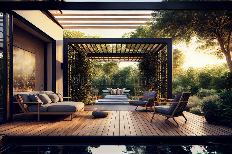 Trendy outdoor patio pergola shade structure, awning and patio roof, garden lounge, chairs, metal grill surrounded by