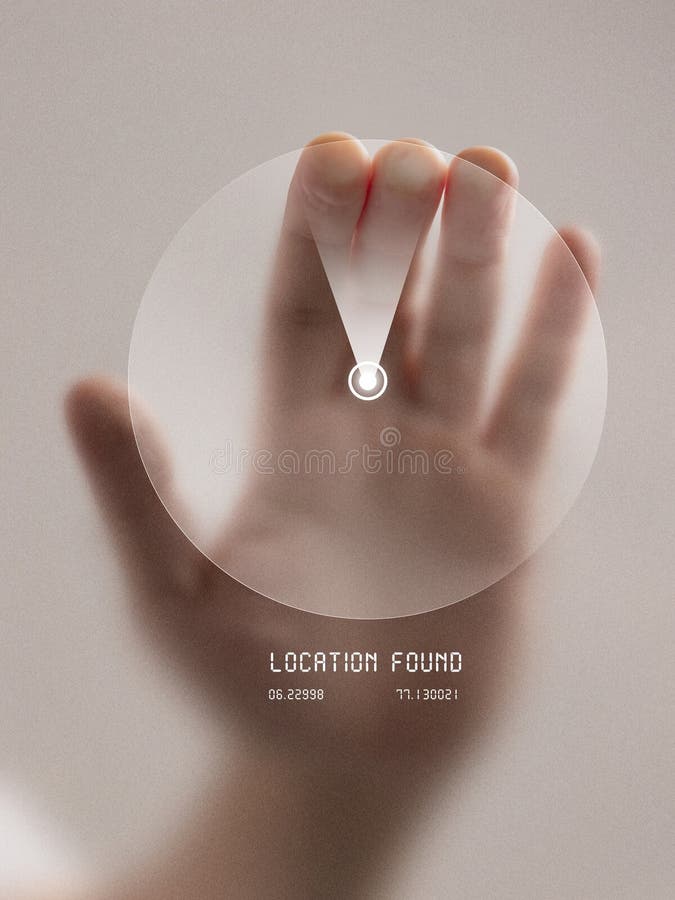 Trendy poster. Hand with open palm scanning futuristic radar interface with location found coordinates royalty free stock images