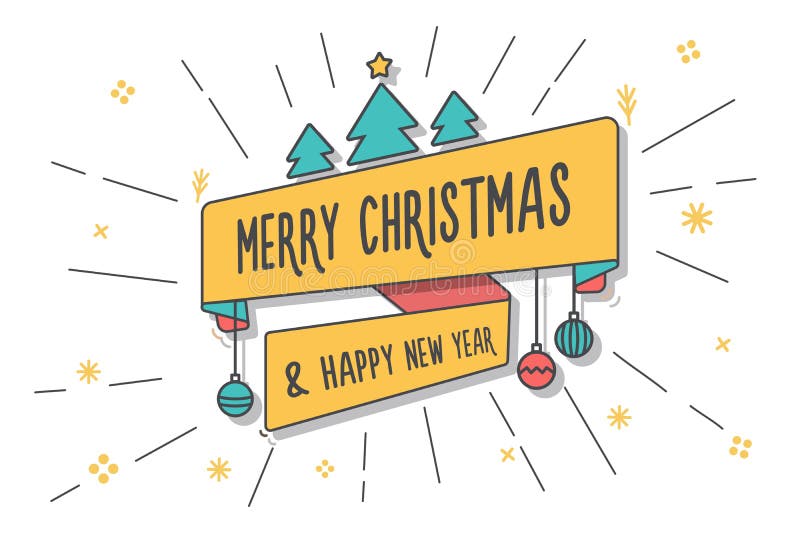 Trendy ribbon with Merry Christmas and happy new year message on a background with christmas shapes. Vector Illustration royalty free illustration Trendy ribbon with Merry Christmas and happy new year message on a background with christmas shapes. Vector Illustration royalty free illustration