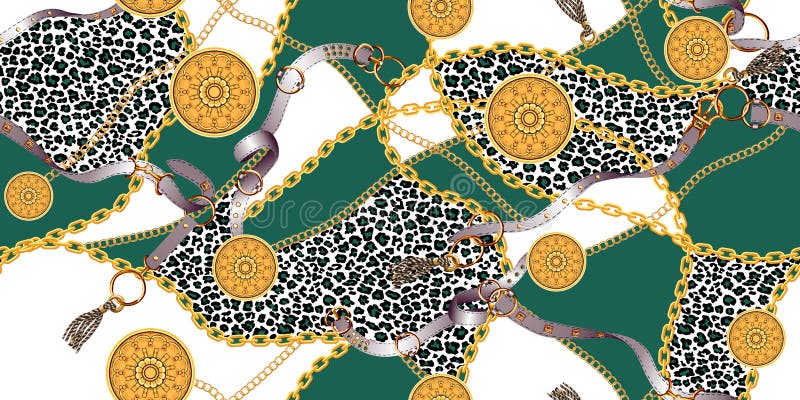 Trendy Seamless Leopard Skin with Golden Chains on Green and White Background.