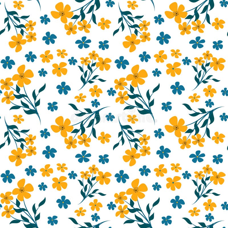 Trendy seamless vector floral pattern. Endless print of small yellow and blue flowers. Summer and spring motives. White background