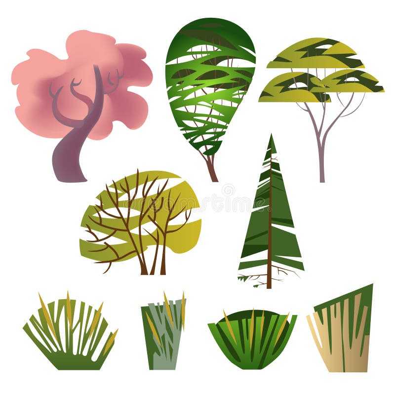 Trendy set of different trees and bushes vector illustration Trendy set of different trees and bushes vector illustration