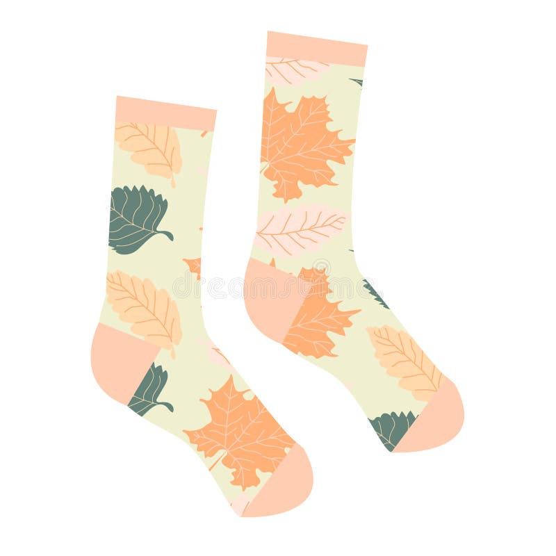 Trendy Socks with Pattern of Fall Leaves. Pastel Colors. Clothing Items