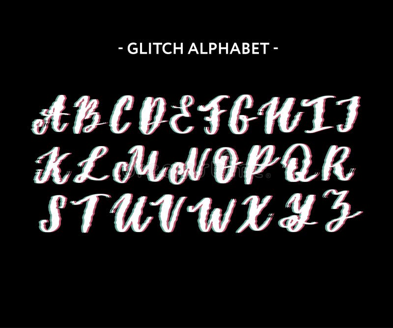 Trendy style distorted glitch typeface. Letters and numbers, vector stock illustration