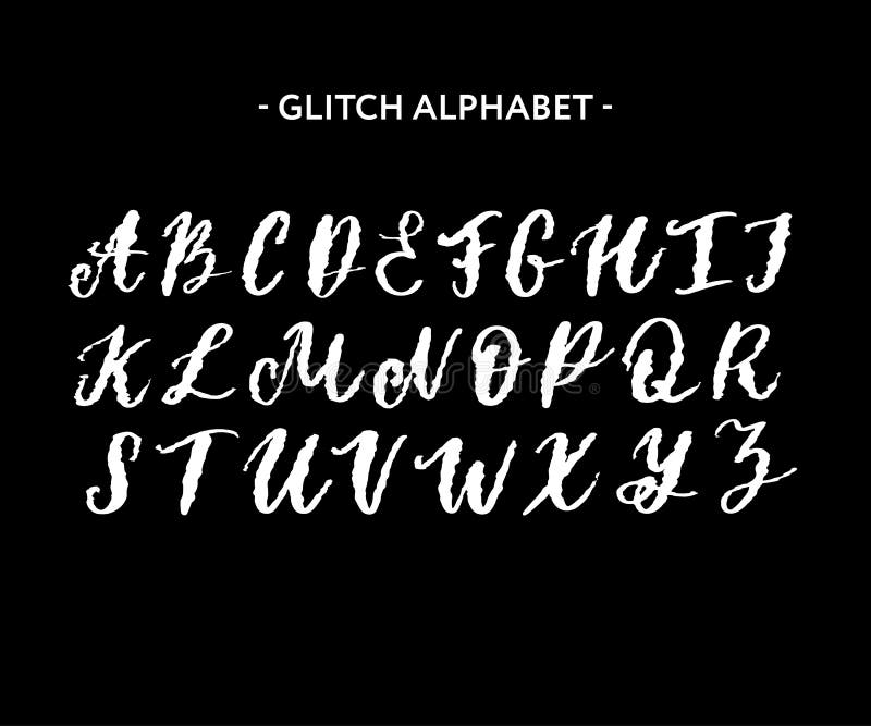 Trendy style distorted glitch typeface. Letters and numbers, vector royalty free illustration