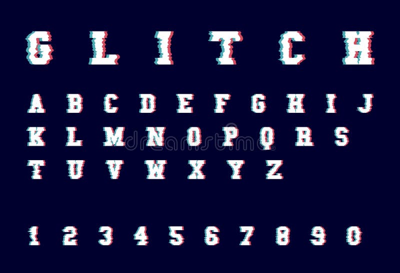 Trendy style distorted glitch typeface. Letters and numbers vector illustration alphabet stock illustration Trendy style distorted glitch typeface. Letters and numbers vector illustration alphabet stock illustration