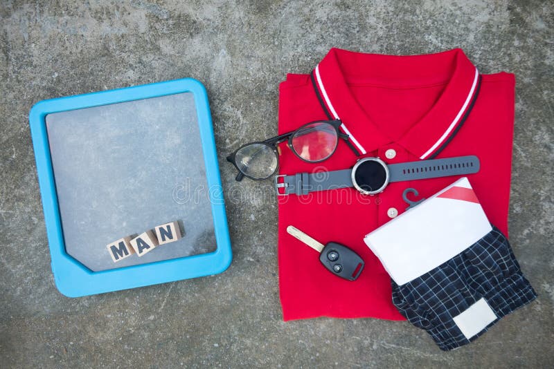 Trendy in Summer Red T-shirt Polo and Men Accessories Stock Photo ...