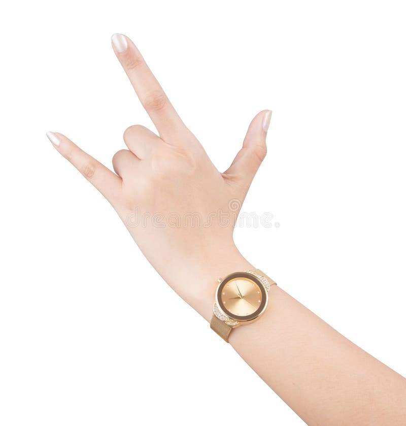 Trendy wrist watch on woman hand isolated on white background. stock photo Trendy wrist watch on woman hand isolated on white background. stock photo