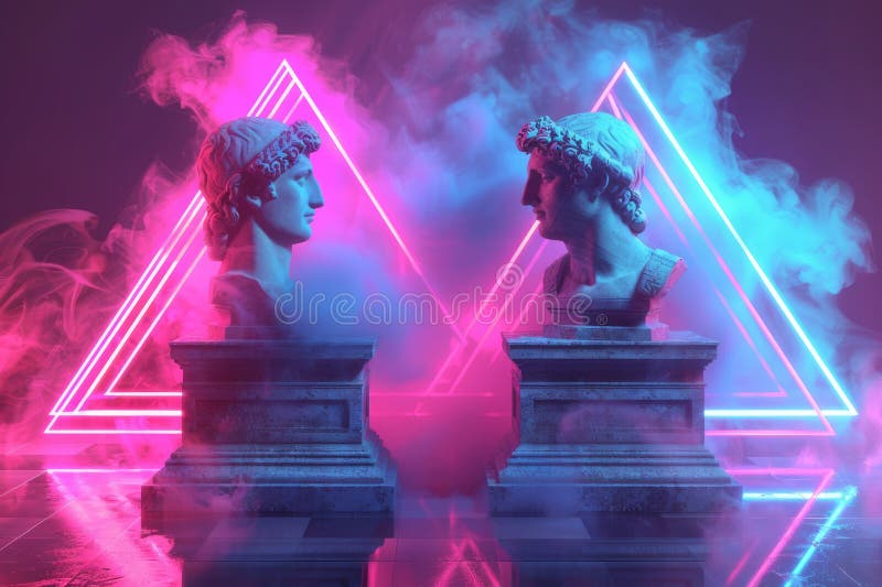 Psychedelic visual trends: surreal antique greek god sculpture, roman column, statues, vibrant neon colors, creating a mesmerizing and avant-garde fusion of past and present. AI generated. Psychedelic visual trends: surreal antique greek god sculpture, roman column, statues, vibrant neon colors, creating a mesmerizing and avant-garde fusion of past and present. AI generated