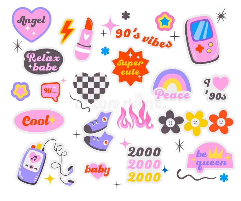 Trendy Y2K stickers. Cute girly patches, butterfly and glamour