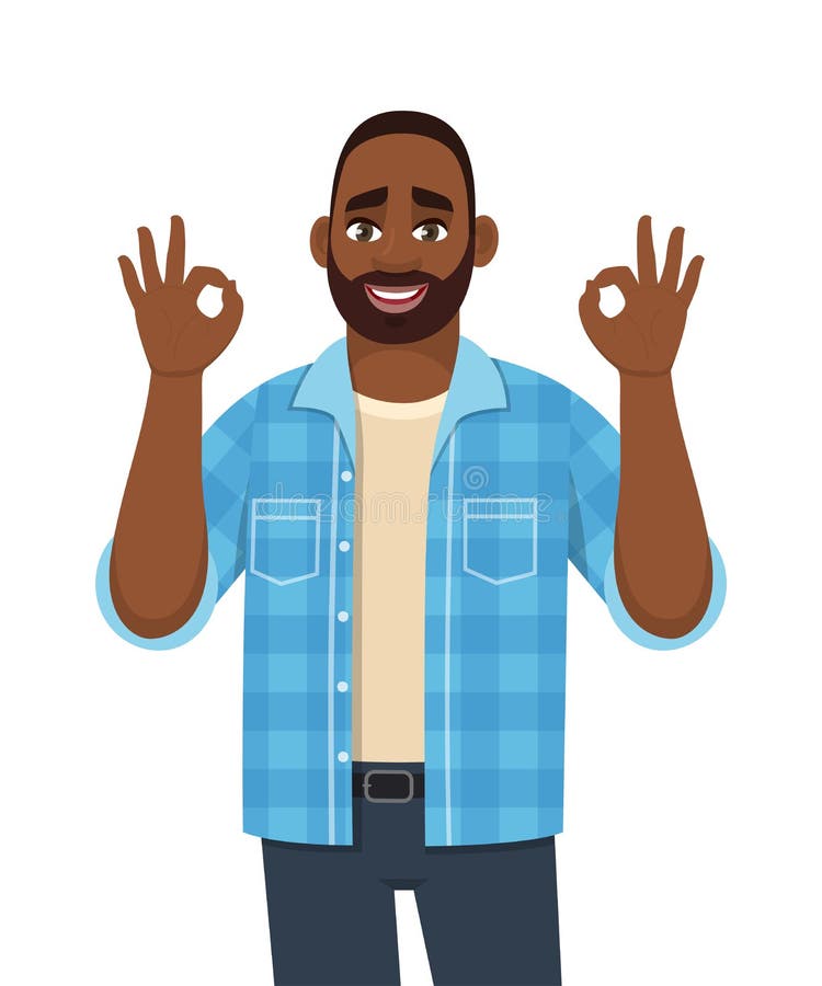 Trendy young African man showing okay, cool gesture sign. Successful black person making OK, good symbol with fingers.