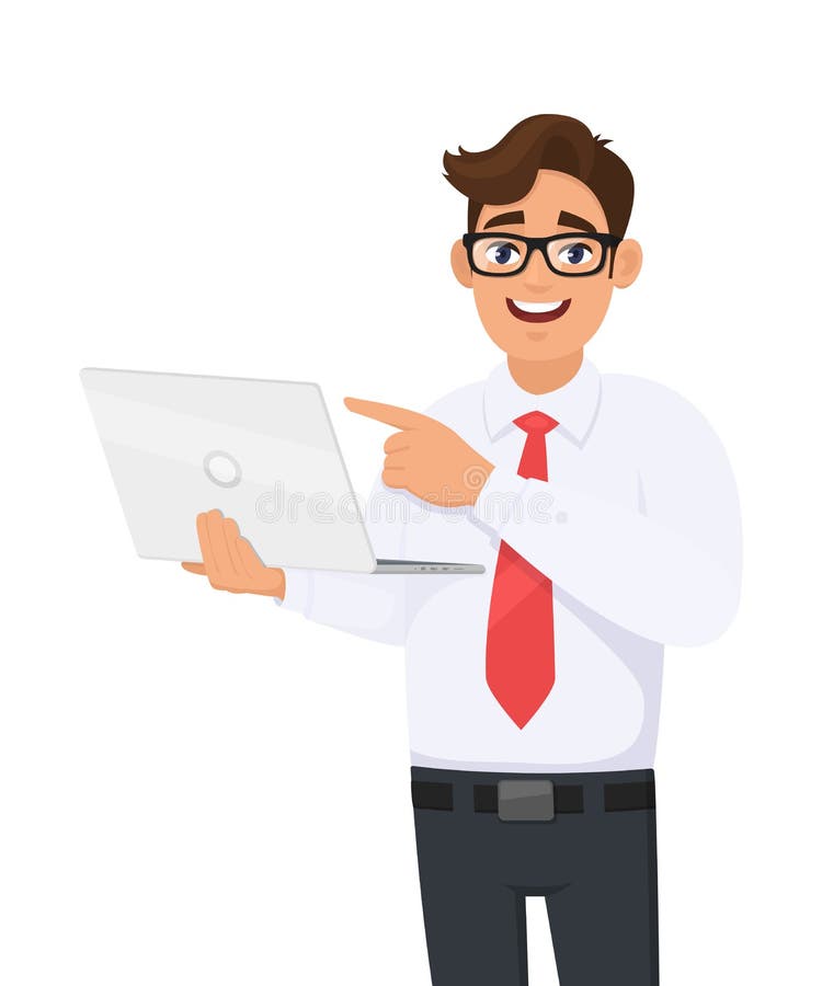 Trendy young business man holding laptop and pointing finger. Stylish person using or working computer and gesturing hand. royalty free illustration