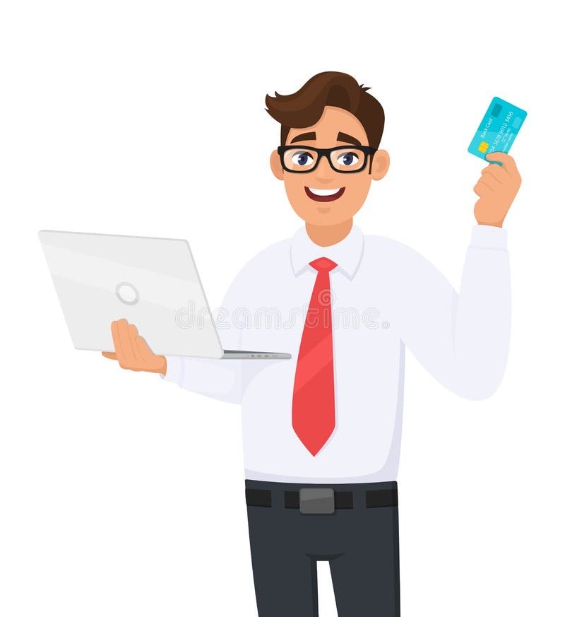 Trendy young businessman holding laptop and showing credit, debit or ATM card in hand. Stylish person using or working computer. royalty free illustration