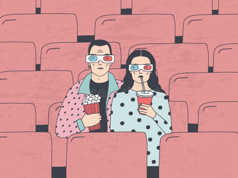 Trendy young couple in cinema. Fashionable guy and girl in 3d-glasses with popcorn and drink. Colorful hand drawn vector vector illustration Trendy young couple in cinema. Fashionable guy and girl in 3d-glasses with popcorn and drink. Colorful hand drawn vector vector illustration