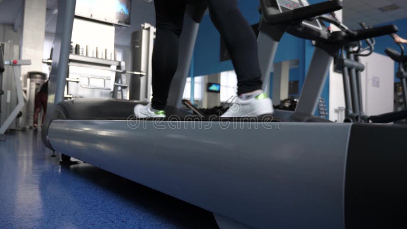 Treni della ragazza su una pedana mobile Camminando in ginnastica donna del club di forma fisica impegnata nella camminata Mette fotografie stock libere da diritti Treni della ragazza su una pedana mobile Camminando in ginnastica donna del club di forma fisica impegnata nella camminata Mette fotografie stock libere da diritti