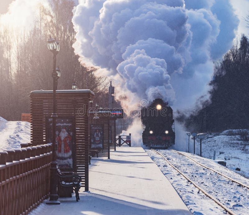 Treno arriva sulla piattaforma al mattino d'inverno fotografie stock libere da diritti