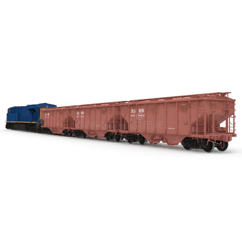 Treno del carico con il vagone del saltatore del carrello ferroviario su bianco illustrazione 3D royalty illustrazione gratis Treno del carico con il vagone del saltatore del carrello ferroviario su bianco illustrazione 3D royalty illustrazione gratis