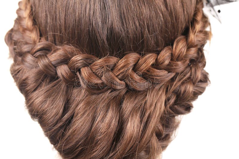 Trenza larga del pelo de Brown. Visión trasera. imagen de archivo Trenza larga del pelo de Brown. Visión trasera. imagen de archivo