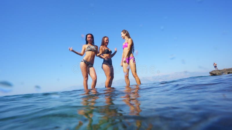 Tres alegres, muchachas felices que bailan en una verja en el mar almacen de video