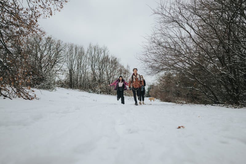 Tres amigos caminando juntos en un bosque de invierno disfrutando de un día nevado imágenes de archivo libres de regalías