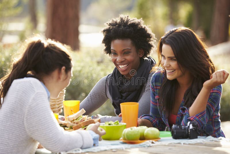 Tres amigos femeninos que hablan en una mesa de picnic imagenes de archivo Tres amigos femeninos que hablan en una mesa de picnic imagenes de archivo