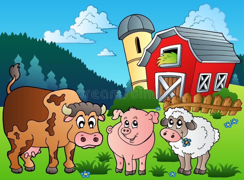 Three farm animals near barn - illustration. Three farm animals near barn - illustration.