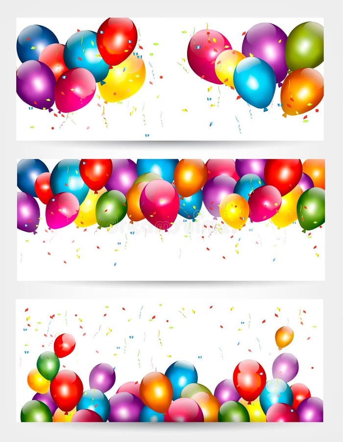 Tres banderas del cumpleaños del día de fiesta con los globos stock de ilustración Tres banderas del cumpleaños del día de fiesta con los globos stock de ilustración