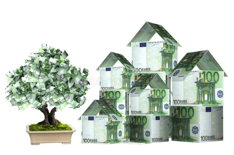 Tres casas de billetes de banco y del árbol euro del dinero stock de ilustración Tres casas de billetes de banco y del árbol euro del dinero stock de ilustración