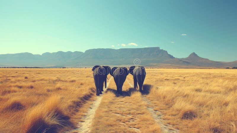 Tres elefantes caminando por un camino de tierra en medio de la nada ai imagen de archivo libre de regalías