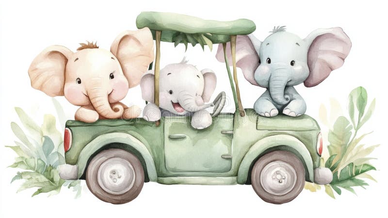 Tres elefantes están sentados en la parte trasera de un jeep ai imágenes de archivo libres de regalías
