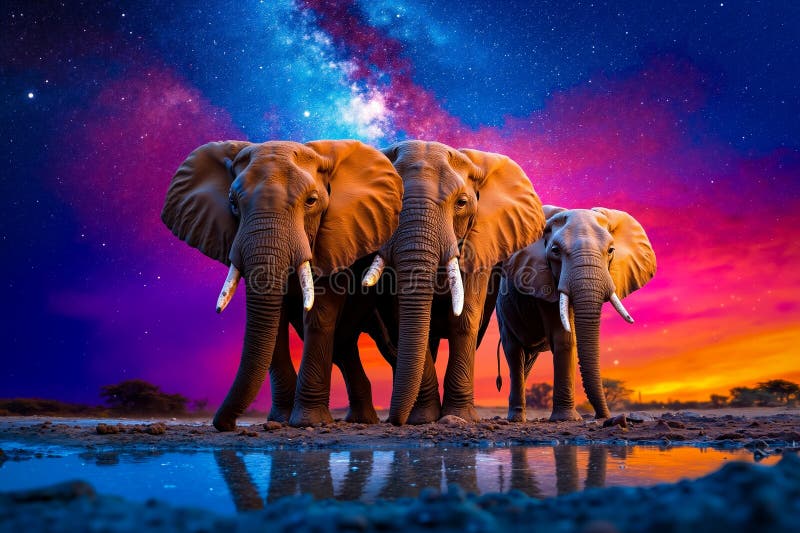 Tres elefantes parados uno al lado del otro frente a un cielo colorido imagenes de archivo