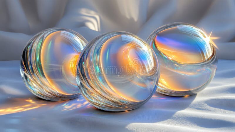 Tres esferas de vidrio iridiscente que reflejan la luz. Ai Generado