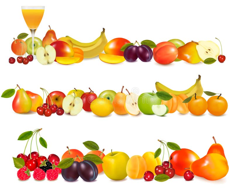 Tres fronteras del diseño de la fruta aisladas en blanco.