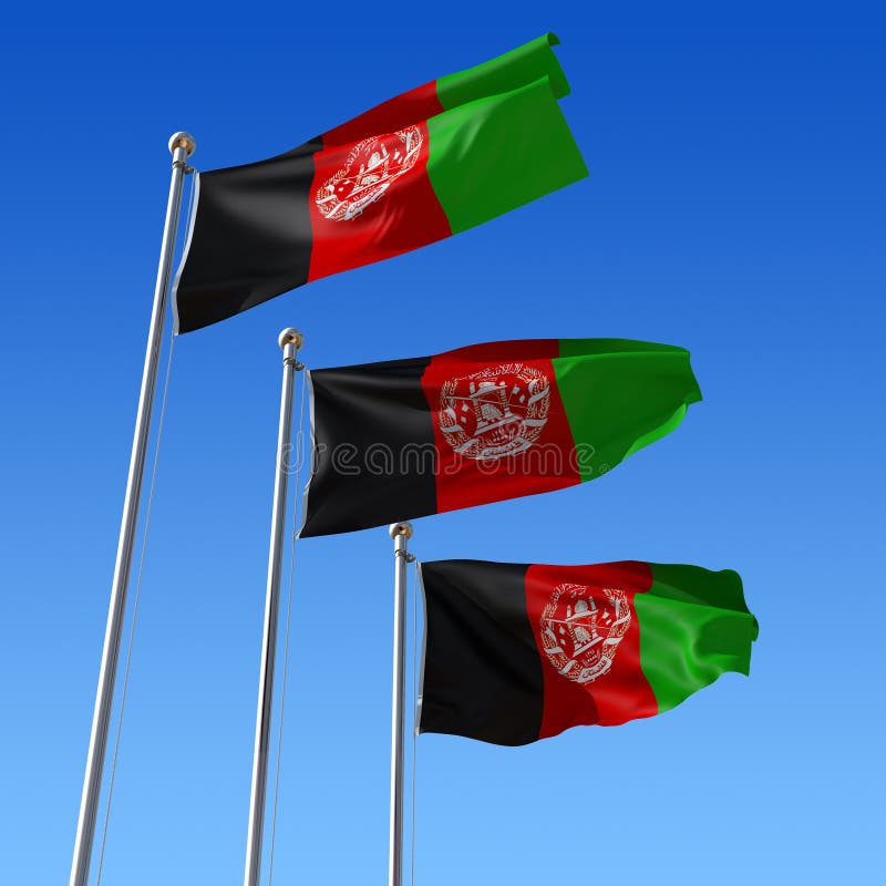 Tres indicadores de Afganistán contra el cielo azul. 3d IL