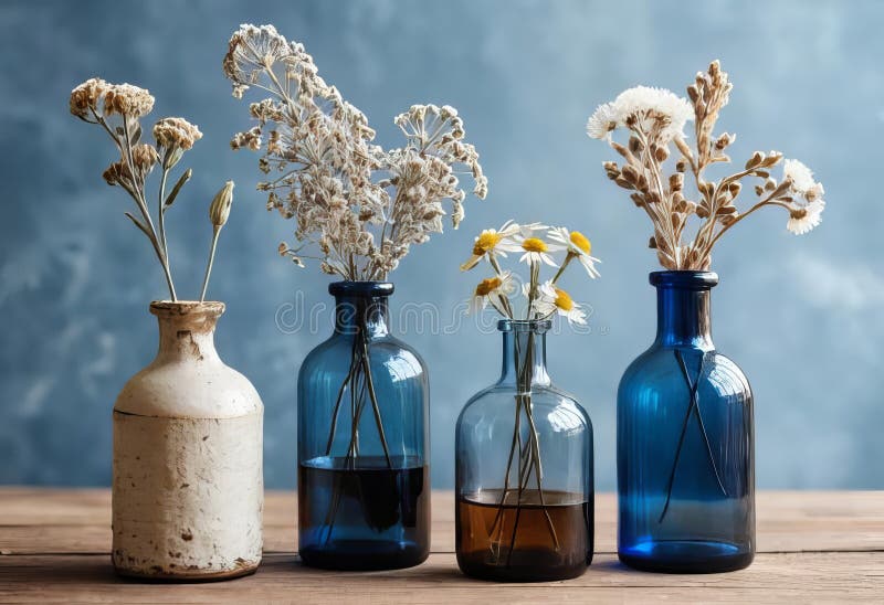 Tres jarrones de vidrio con flores silvestres blancas secas sobre una mesa de madera con botellas antiguas al fondo. generado con ai
