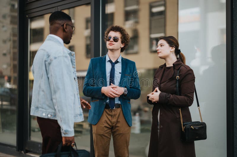 A diverse group of young adults, dressed in smart casual attire, discussing business outdoors near a modern office building. A diverse group of young adults, dressed in smart casual attire, discussing business outdoors near a modern office building.