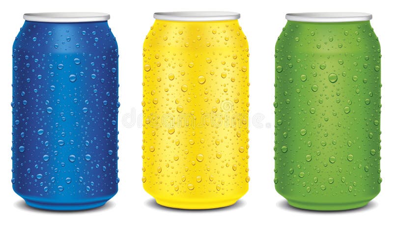 Tres latas de diferentes colores con muchas gotas de agua ilustración del vector