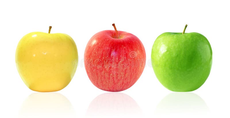 Apple varieties in 3 colors yellow Golden delicious, red Fuji and green Granny Smith isolated on white background with reflection. Apple varieties in 3 colors yellow Golden delicious, red Fuji and green Granny Smith isolated on white background with reflection