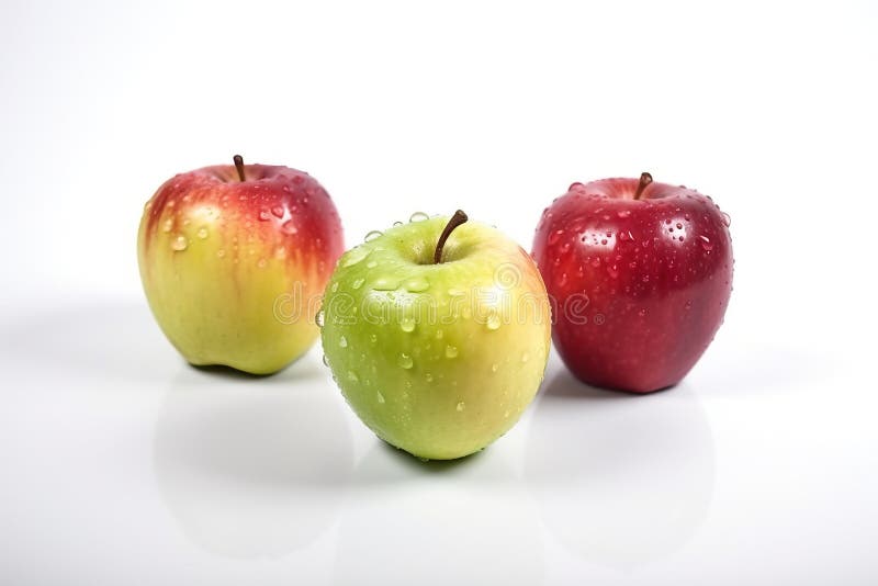 Three standard red and yellow apples with tails on a white background with shadows with transparent water drops. Three standard red and yellow apples with tails on a white background with shadows with transparent water drops